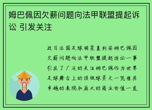 姆巴佩因欠薪问题向法甲联盟提起诉讼 引发关注